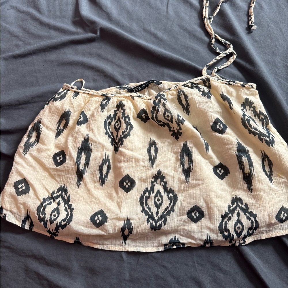 Zara Boho Black and Cream Patterned Crop Top